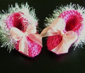 Silver Trimmed Delicate Handmade Bright Pink Baby Booties 